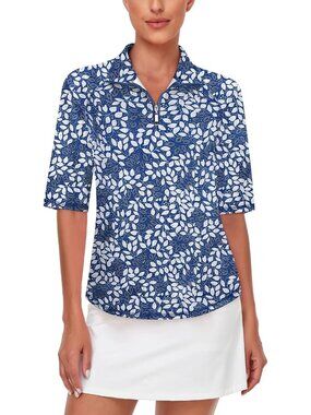 Women Blue-white Leaf Golf Shirt Quick Dry Half Sleeve 1/4 Zip Tennis Top M-3XL